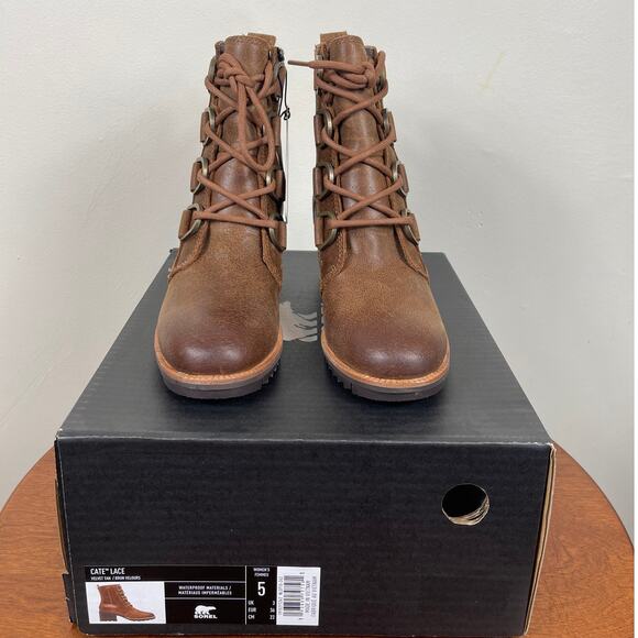 New Sorel Cate Lace Up Boots in Velvet Tan Leather Women's Size 5 - Picture 3 of 8
